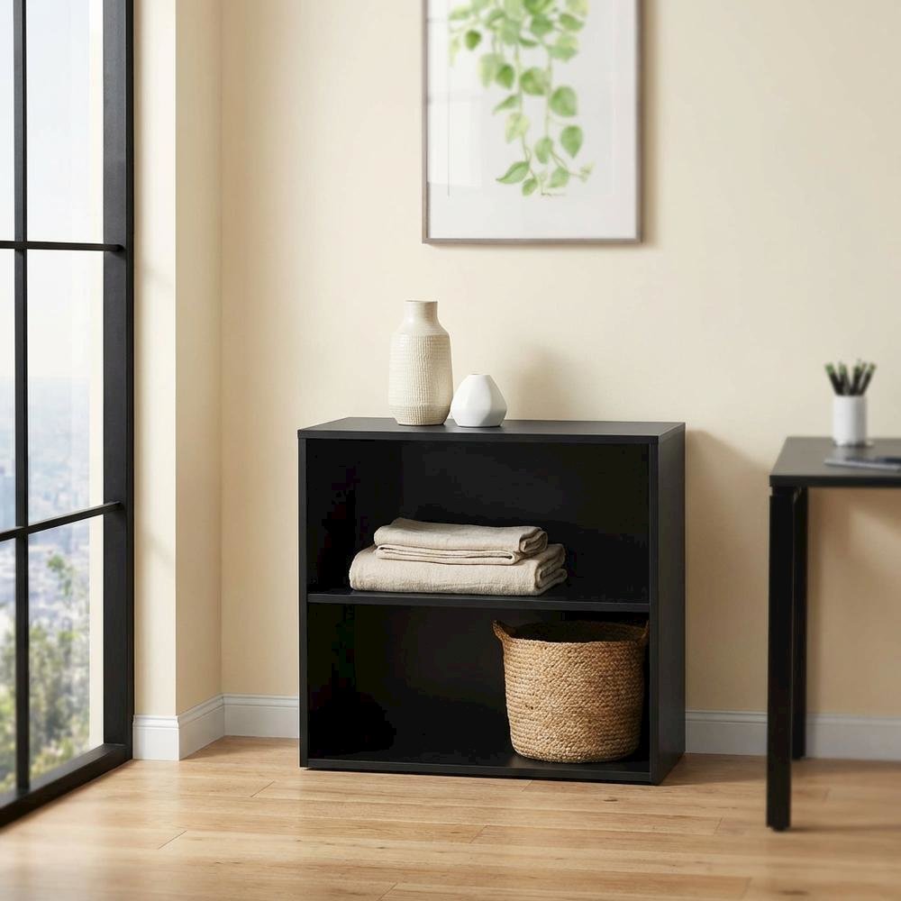 Black 2-Shelf Bookcase with Metal Frame and Laminate Shelves