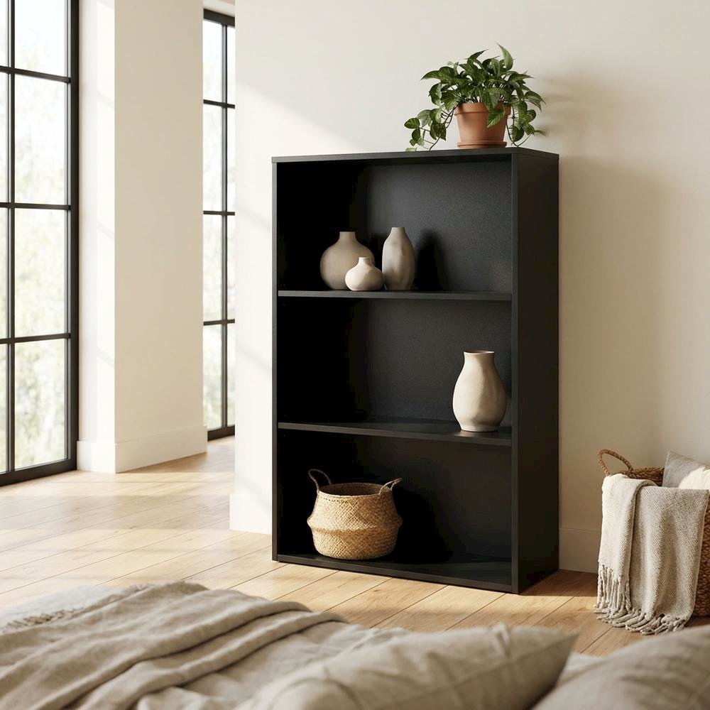 Black 3-Shelf Bookcase with Laminate and Metal Construction for Home Use