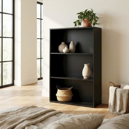 Black 3-Shelf Bookcase with Laminate and Metal Construction for Home Use