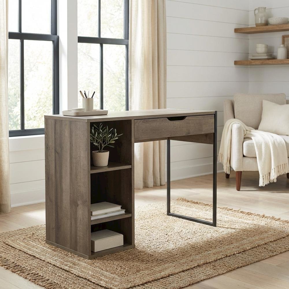 Grey Oak Finish Office Desk With Steel And Mdf Construction For Modern Workspace