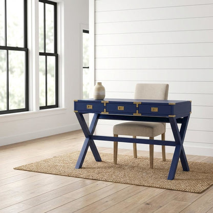 Lapis Blue Office Desk With Power Outlets And Modern Design