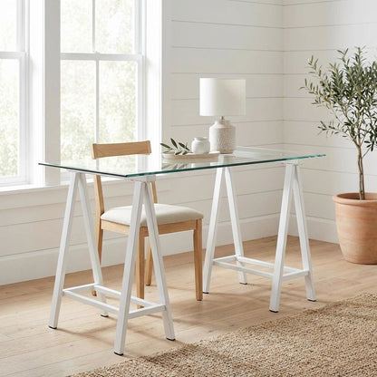 White Glass Top Office Desk With Iron Frame For Modern Workspace