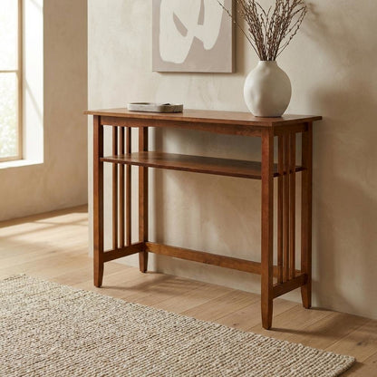 Wooden Foyer Console Table with Warm Finish and Sleek Design