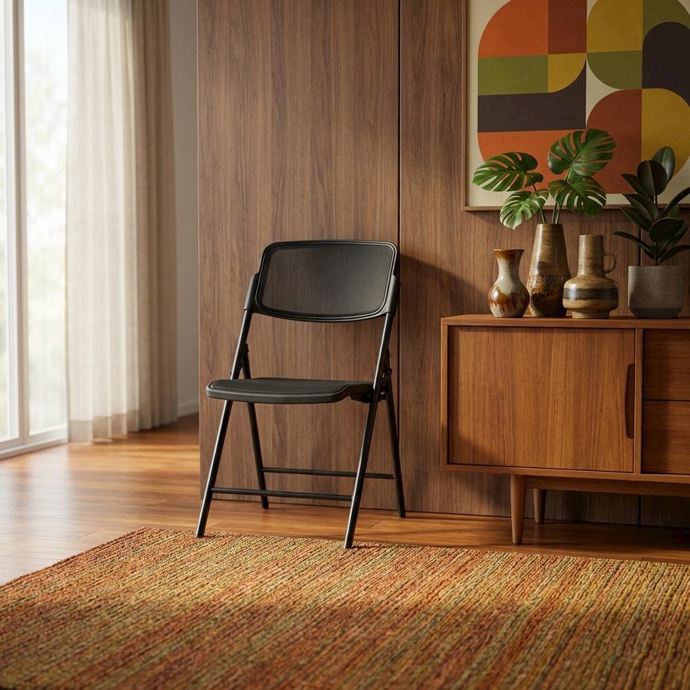 Black Mesh Folding Chair, Breathable Seat and Back, Lightweight Steel Frame