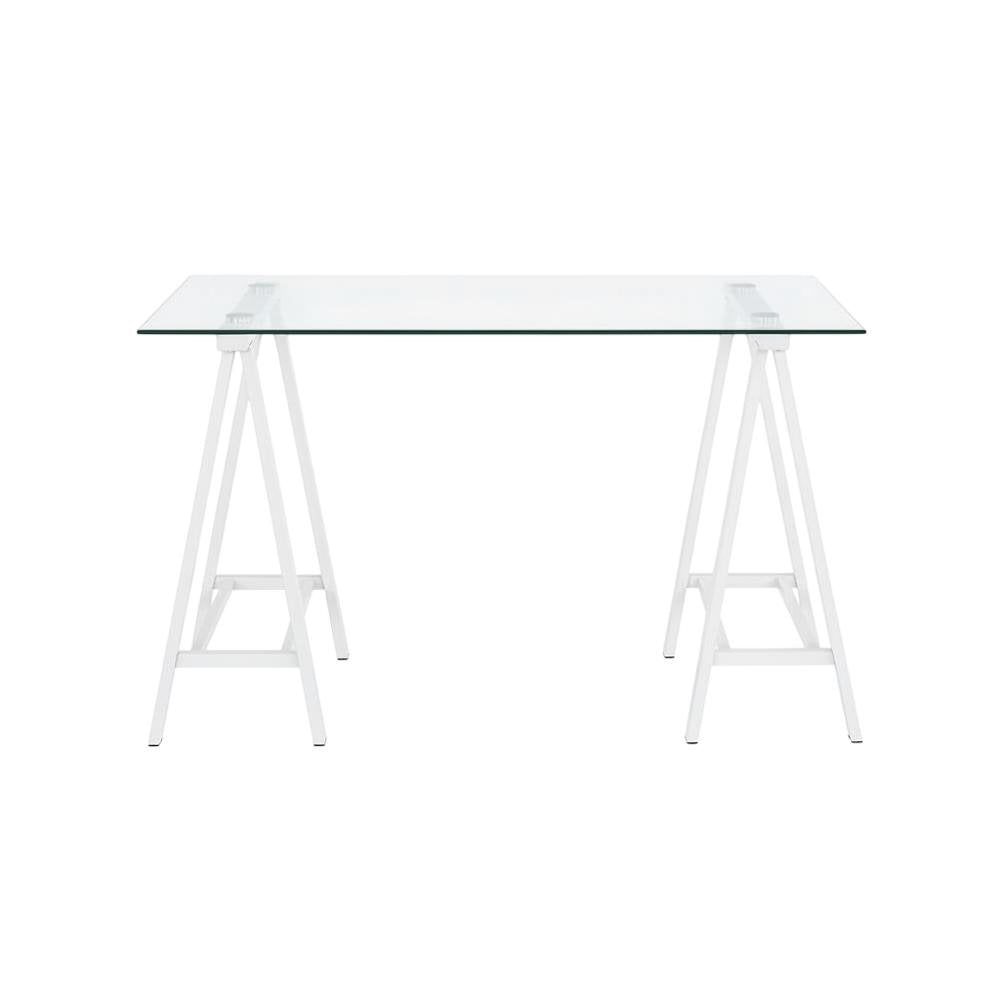 White Glass Top Office Desk With Iron Frame For Modern Workspace