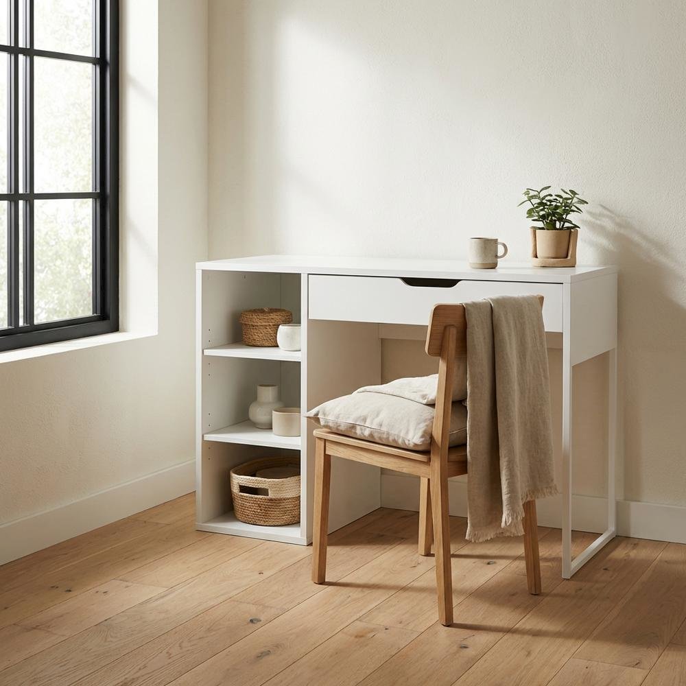 White Finish 40-Inch Office Desk With Steel Frame And Ample Workspace