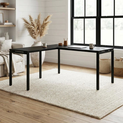 Black L-Shape Computer Workstation with Steel and Particle Board Components