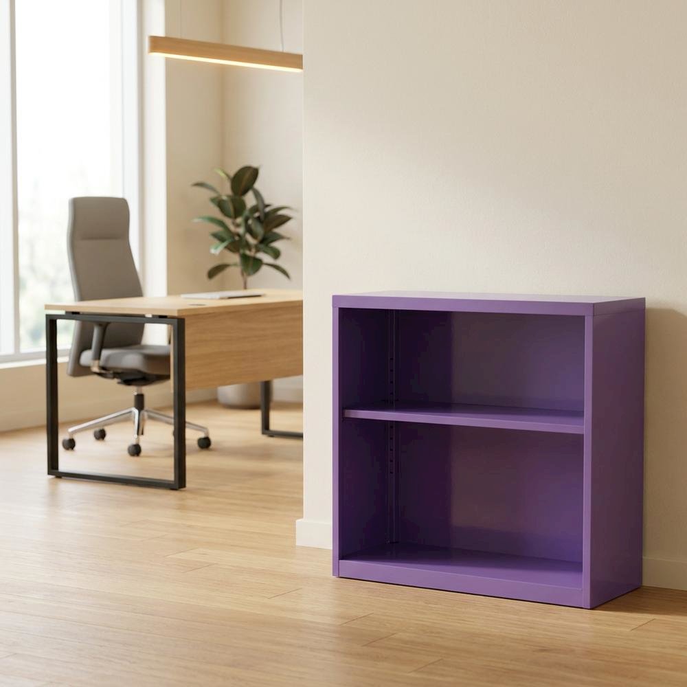 Purple metal bookcase with steel construction and lightweight design