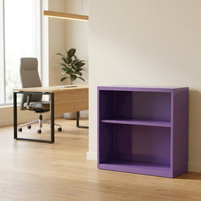 Purple metal bookcase with steel construction and lightweight design