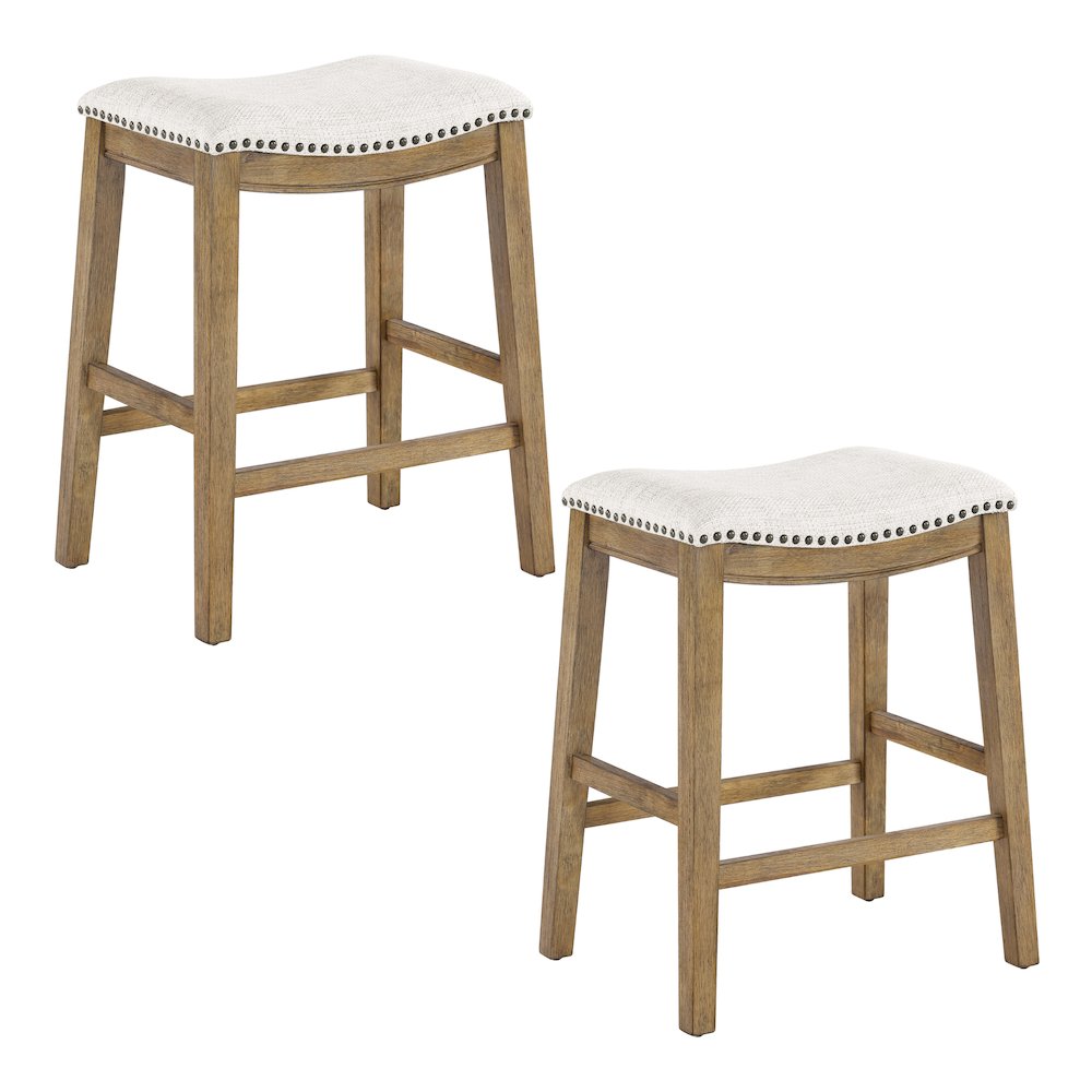 Saddle Stool 24" in Linen Fabric With Medium Oak Wood Finish 2-Pack