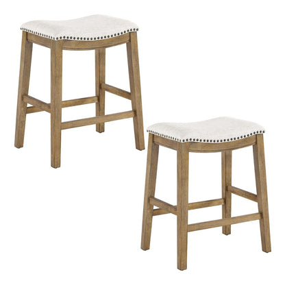 Saddle Stool 24" in Linen Fabric With Medium Oak Wood Finish 2-Pack