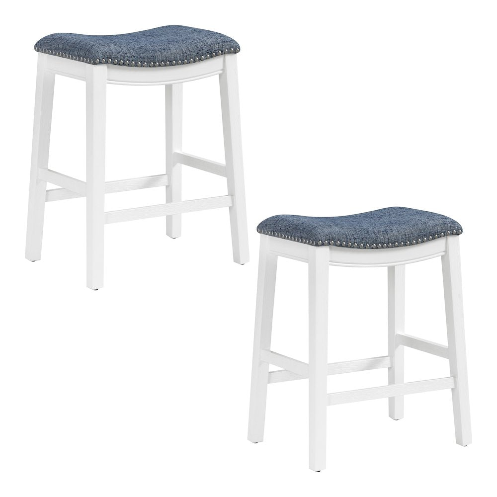 Saddle Stool 24" in Indigo Fabric With White Wood Finish 2-Pack