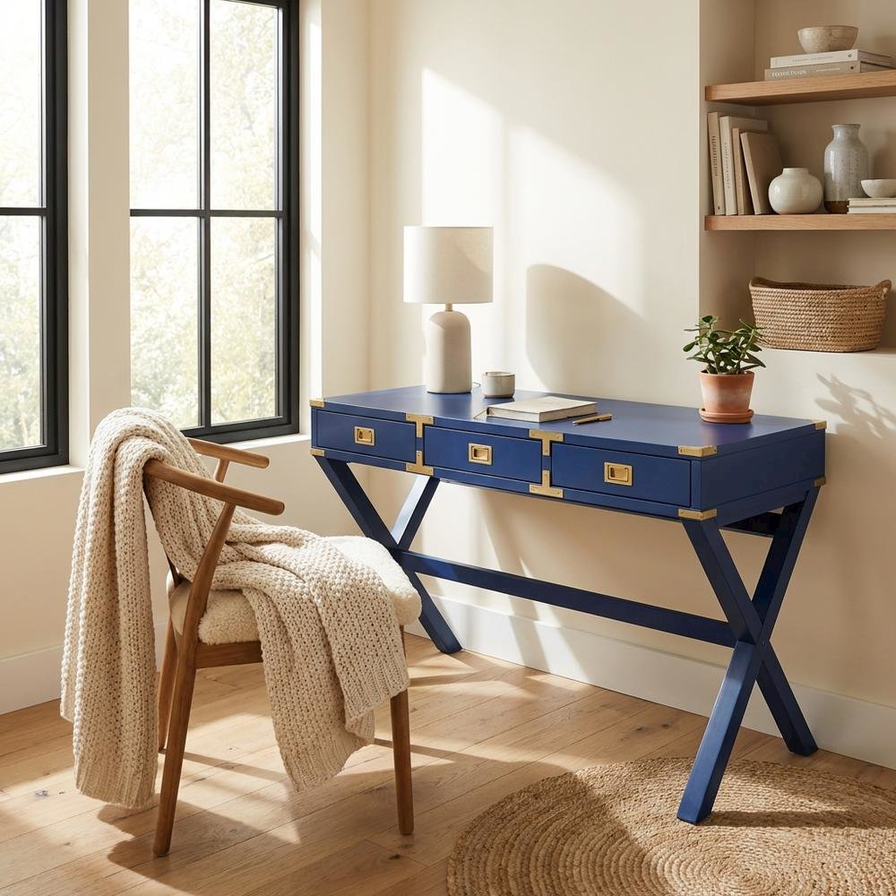 Lapis Blue Office Desk With Power Outlets And Modern Design