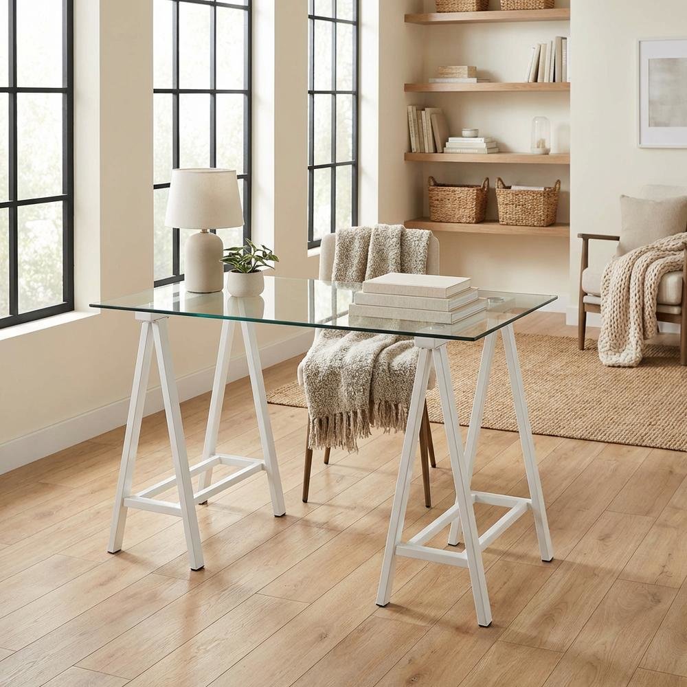 White Glass Top Office Desk With Iron Frame For Modern Workspace