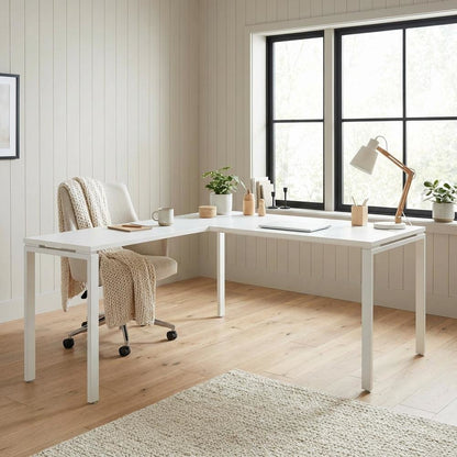 White L-Shape Workstation with Steel Frame and Particle Board Surface