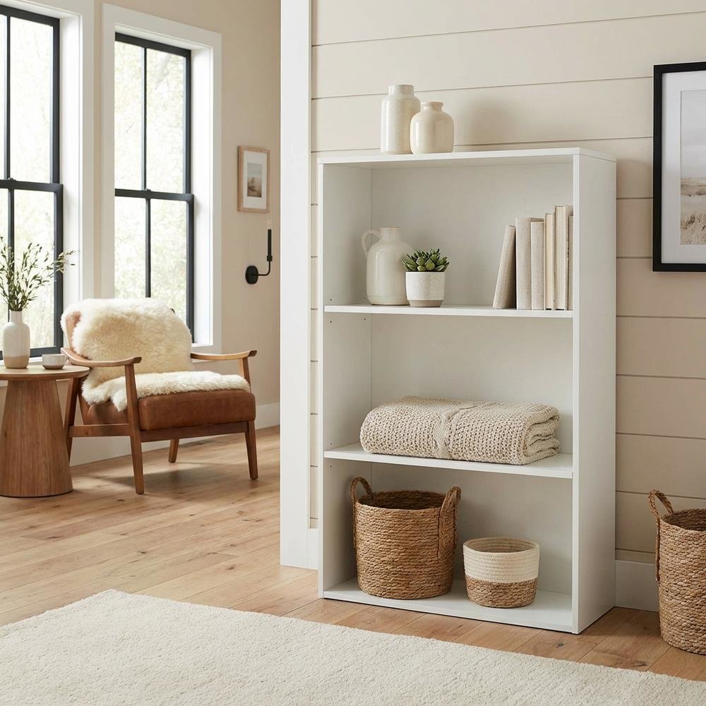 White 3-Shelf Bookcase with Laminate and Metal Construction for Home Storage