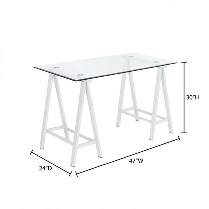 White Glass Top Office Desk With Iron Frame For Modern Workspace