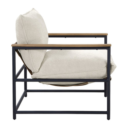 Telly Sling Chair in Ivory Fabric with Oak Wood Arms and Black Steel Frame