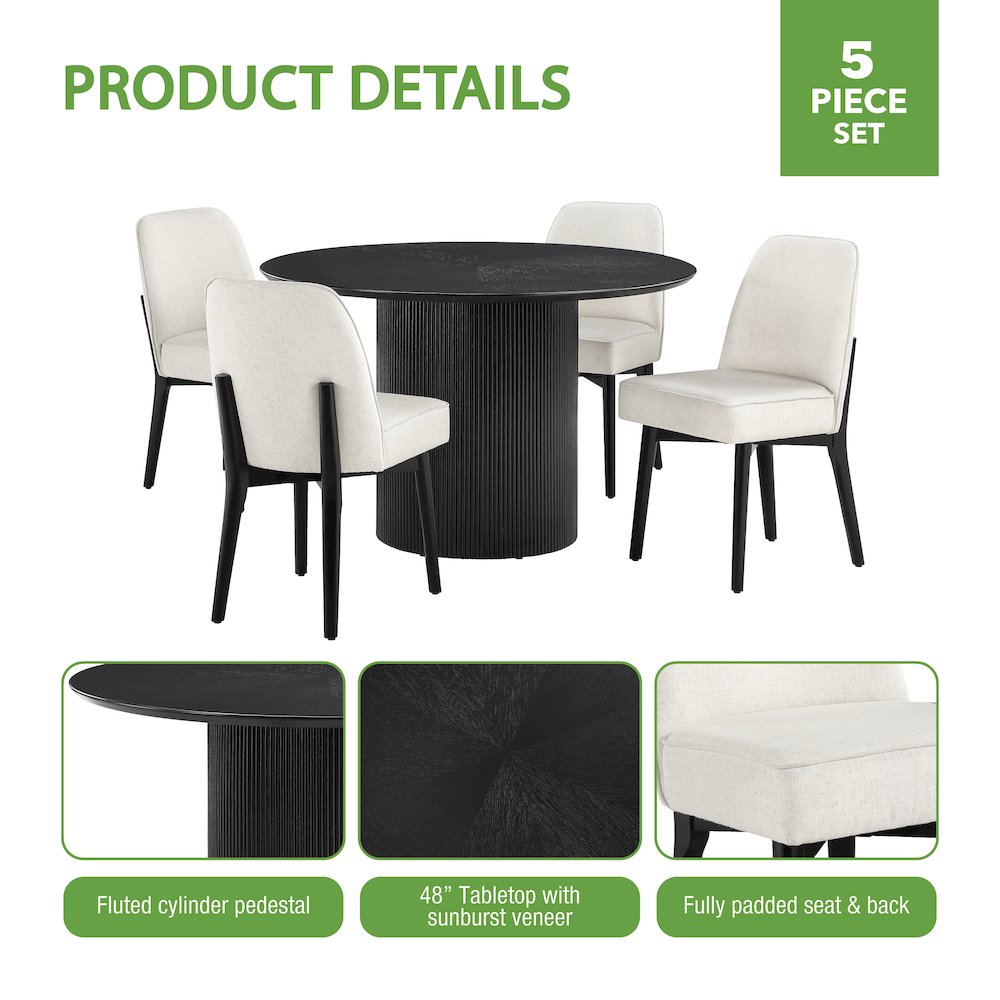 Jada 5-piece Round Pedestal Dining Table and 4 Chairs in Black Finish