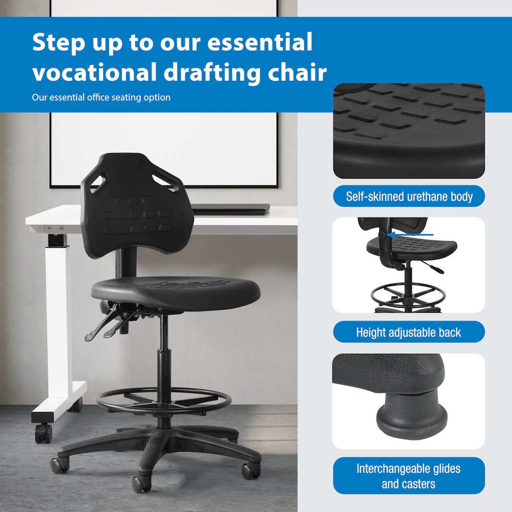 Black Skinned Urethane Drafting Chair With Adjustable Black Footrest And Casters