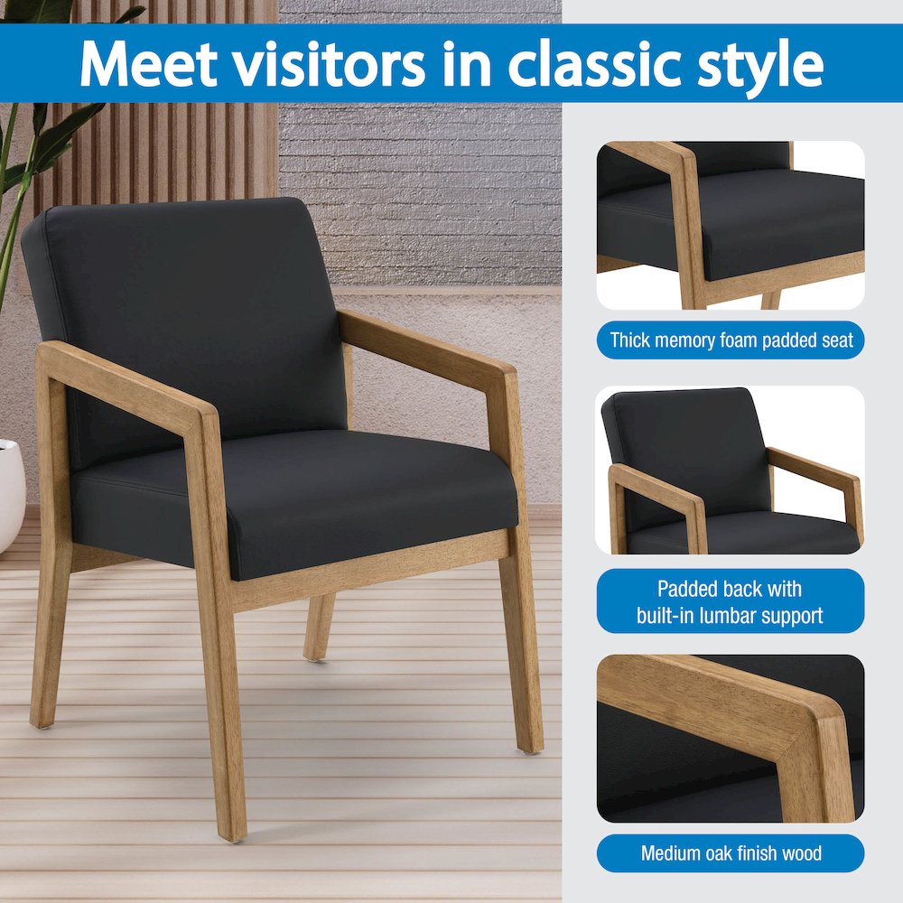 Back Faux Leather with Medium Oak Finish Visitor’s Chair with Memory Foam Seat