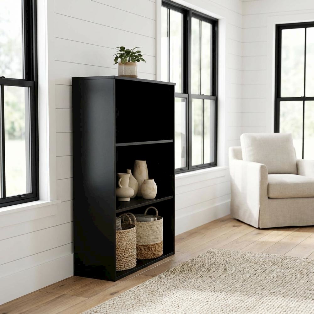 Black 3-Shelf Bookcase with Laminate and Metal Construction for Home Use