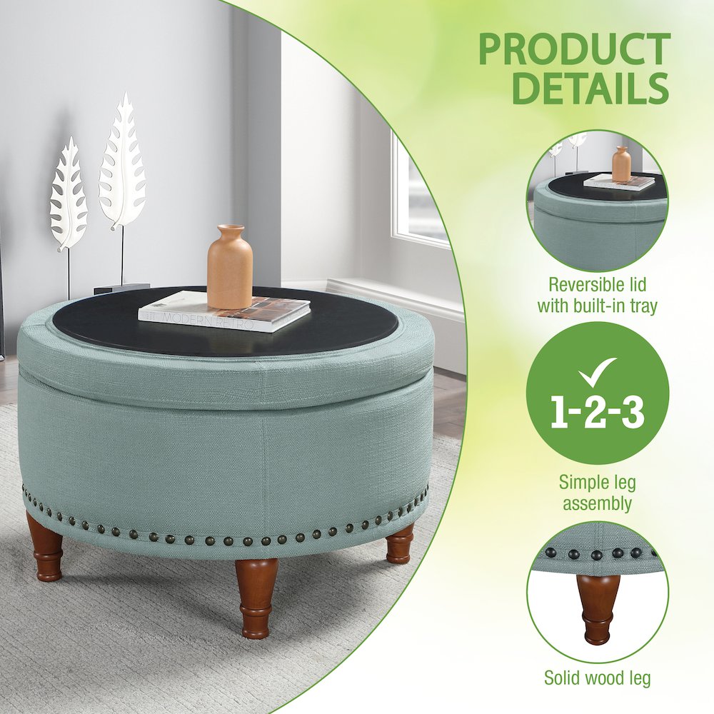Alloway Storage Ottoman in Sea Blue Fabric with Antique Bronze Nailheads