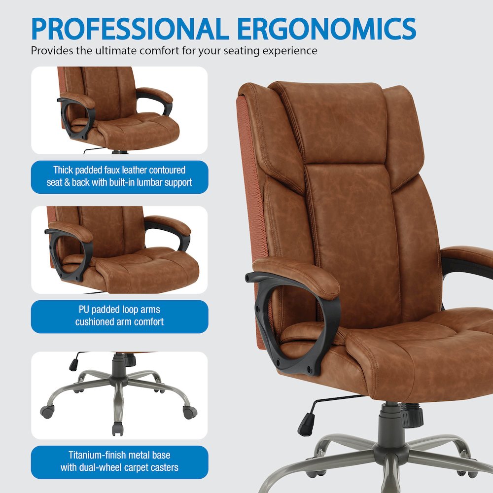 High-Back in Saddle Faux Leather Executive Chair with Padded Arms