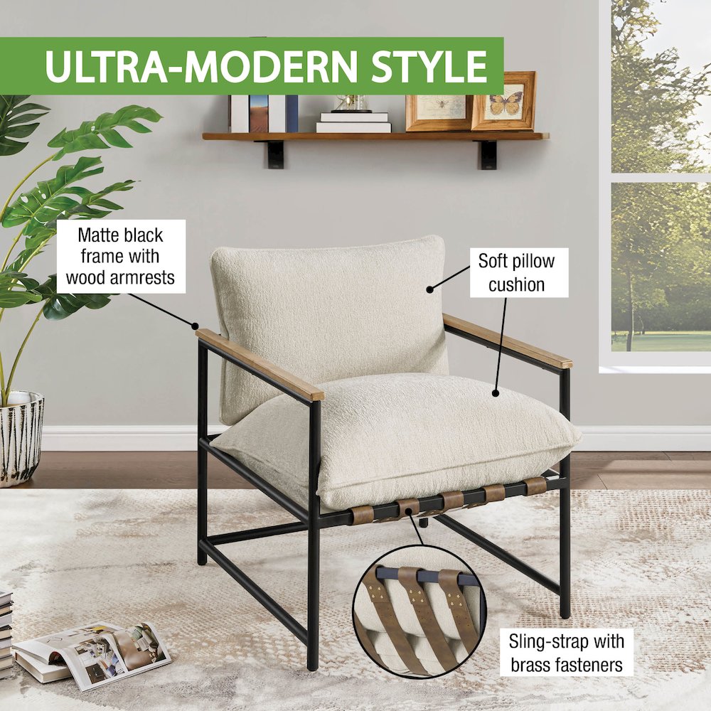 Telly Sling Chair in Ivory Fabric with Oak Wood Arms and Black Steel Frame
