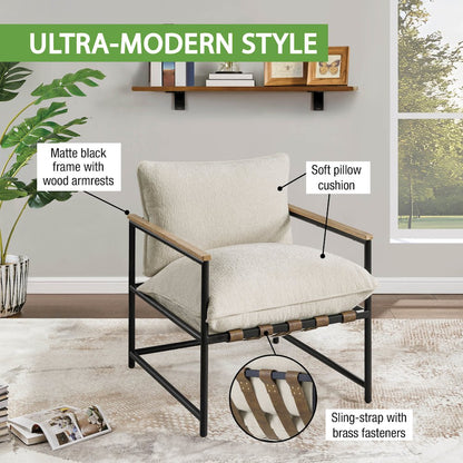 Telly Sling Chair in Ivory Fabric with Oak Wood Arms and Black Steel Frame