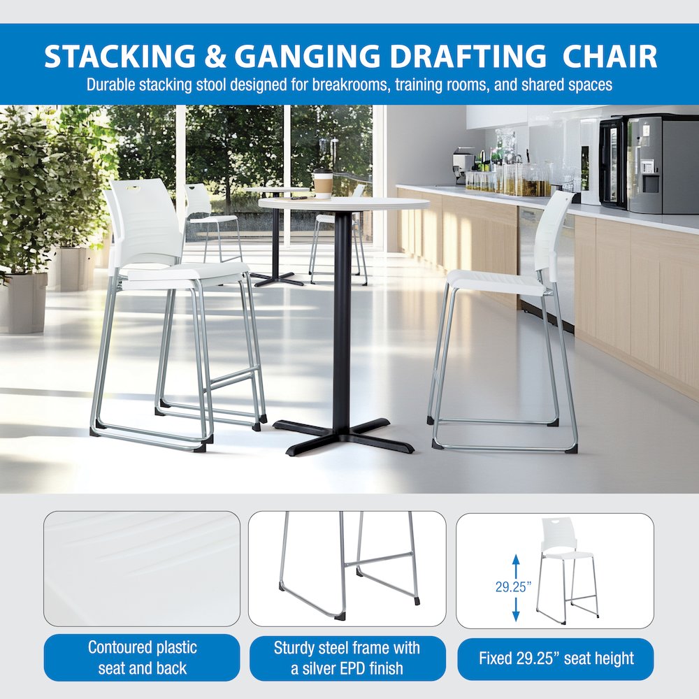 Tall Stacking and Ganging Chair with White Plastic Seat & Back, 4-Pack