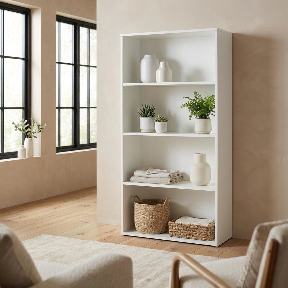 White Laminate and Metal Bookcase with Adjustable Shelves for Storage