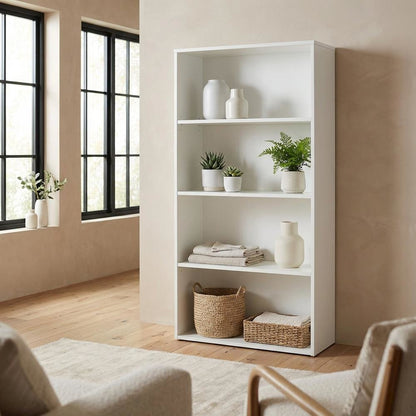 White Laminate and Metal Bookcase with Adjustable Shelves for Storage