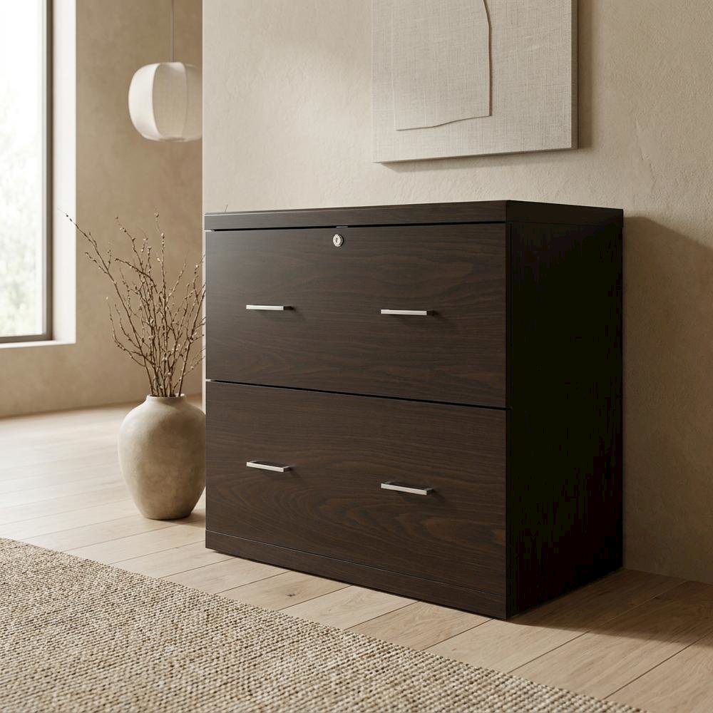 Brown Engineered Wood Wide Two-Drawer Lateral File Cabinet Office