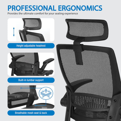 Managers Chair With Mesh Back And Seat And Adjustable Flip Arms And Headrest