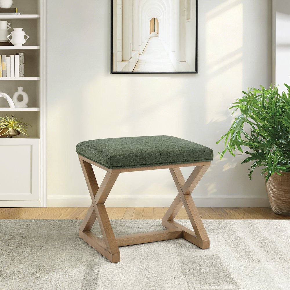 Carson X-Frame Stool in Pine Fabric and Medium Oak Finish Wood