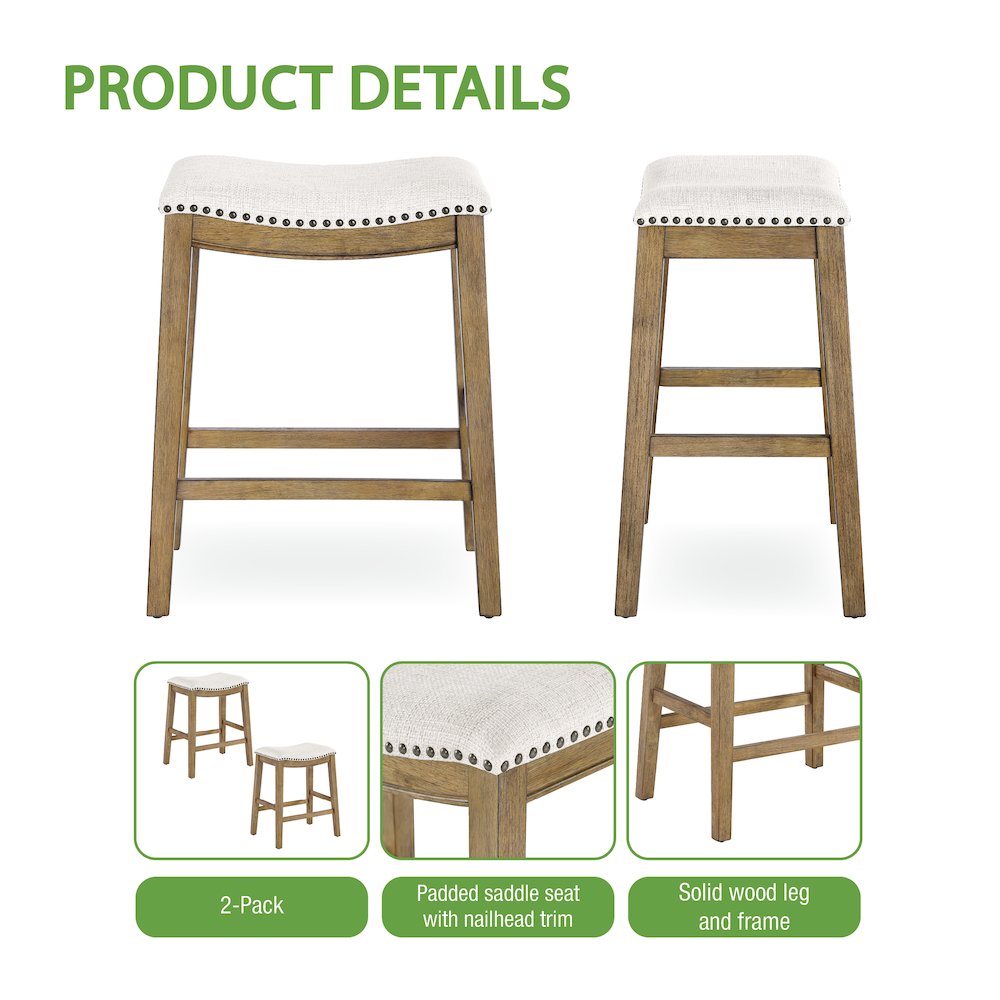 Saddle Stool 24" in Linen Fabric With Medium Oak Wood Finish 2-Pack