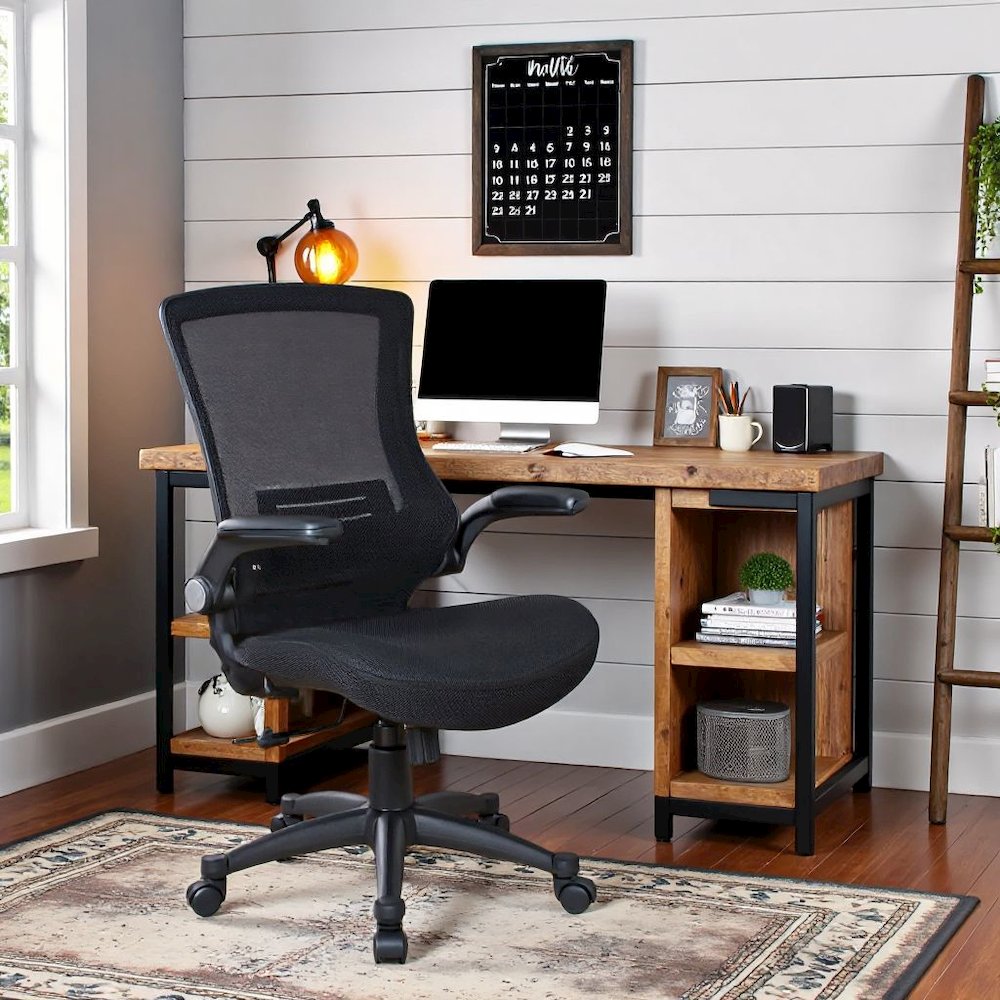 High-Back Office Chair – Black Mesh Desk Chair With Flip-Up Armrests