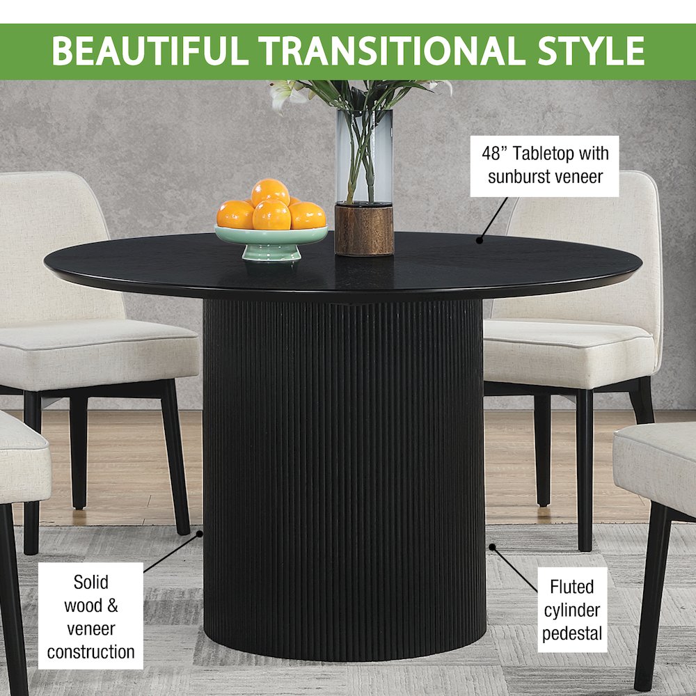 Jada 48" Round Dining Pedestal Table in Oak and Black Finish Wood.