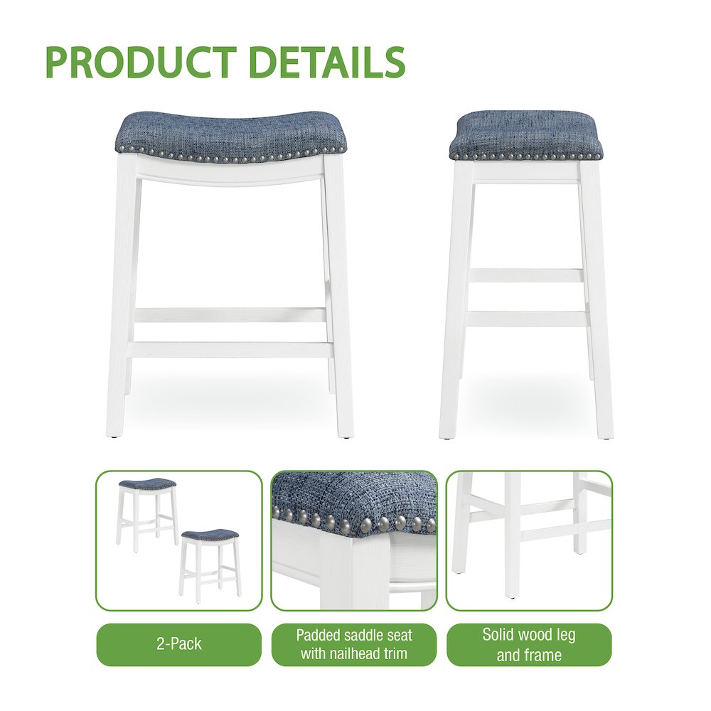 Saddle Stool 24" in Indigo Fabric With White Wood Finish 2-Pack