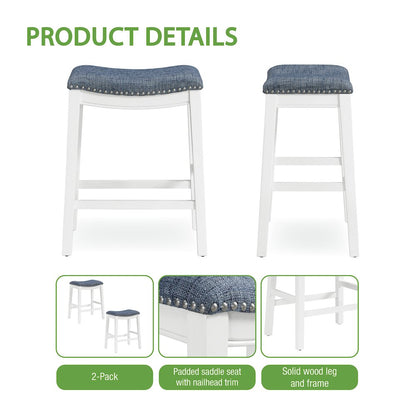 Saddle Stool 24" in Indigo Fabric With White Wood Finish 2-Pack