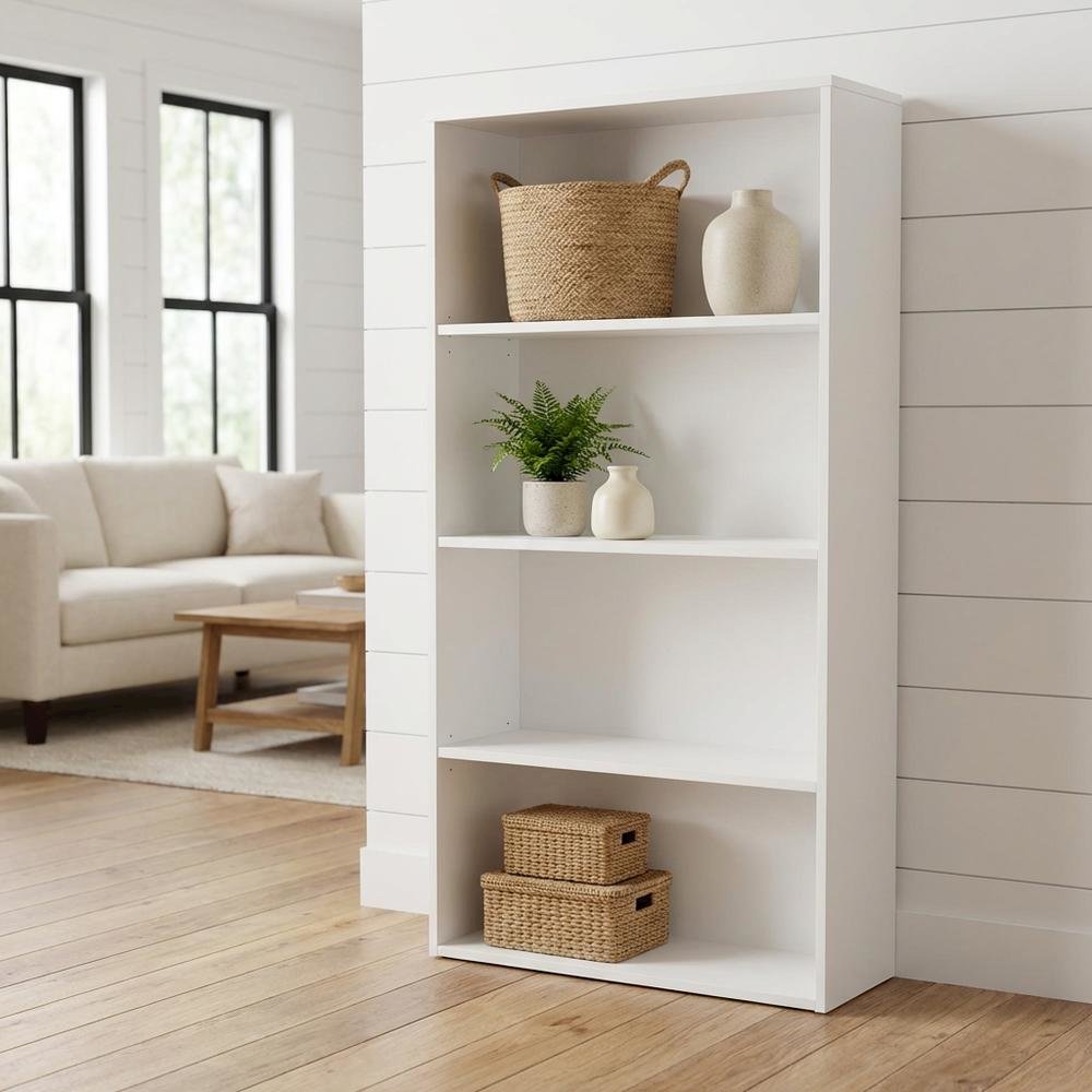 White Laminate and Metal Bookcase with Adjustable Shelves for Storage