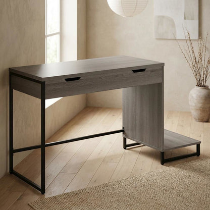 Wooden desk with hutch and ample storage space for home or office use