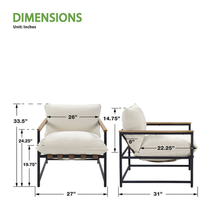 Telly Sling Chair in Ivory Fabric with Oak Wood Arms and Black Steel Frame