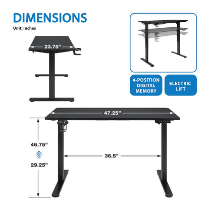 Primo 48" Electric Height Adjustable Gaming Desk in Black Carbon Fiber Finish