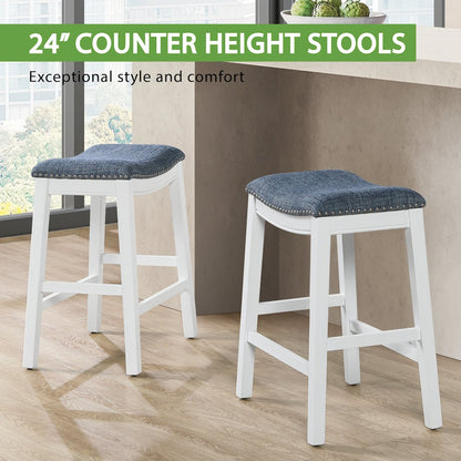 Saddle Stool 24" in Indigo Fabric With White Wood Finish 2-Pack