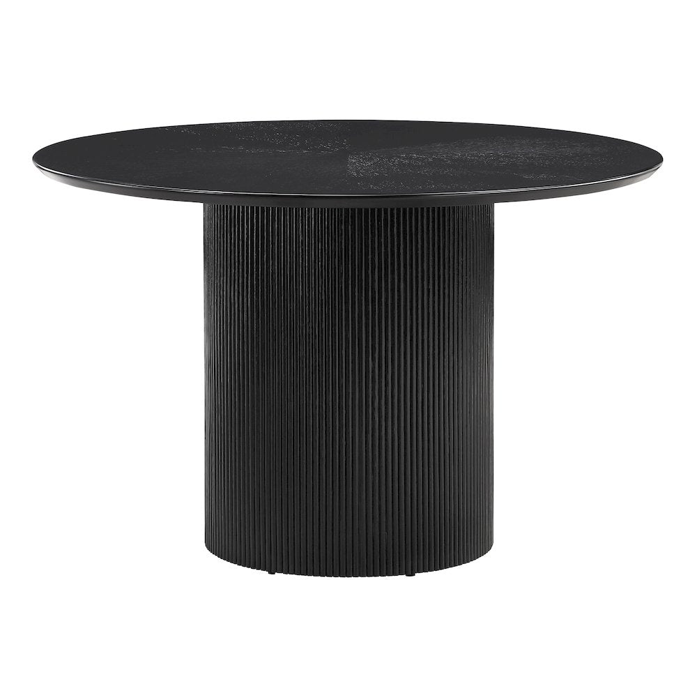Jada 48" Round Dining Pedestal Table in Oak and Black Finish Wood.