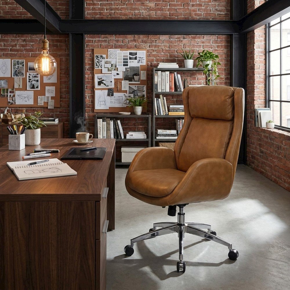 Modern PU Leather High-Back Ergonomic Computer Desk Chair, Padded Seat, Nutmeg