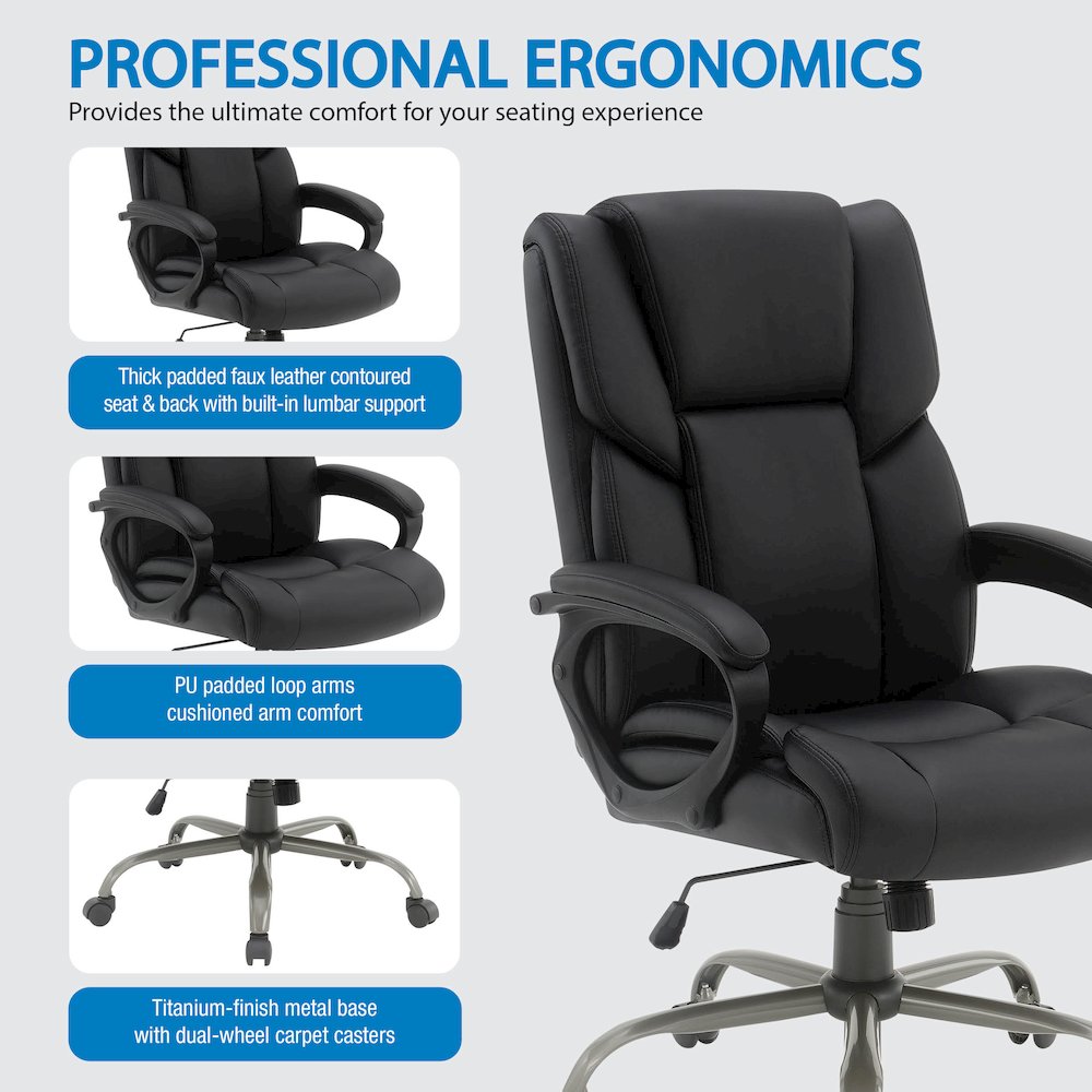 Mid-Back in Black Faux Leather Executive Chair with Padded Arms