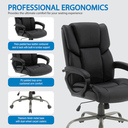Mid-Back in Black Faux Leather Executive Chair with Padded Arms